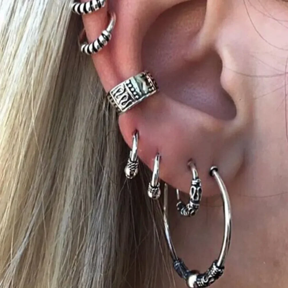 Silver Bali Multi Hoops Ear Cuffs Eartings Set of 7 Jewelry NEW